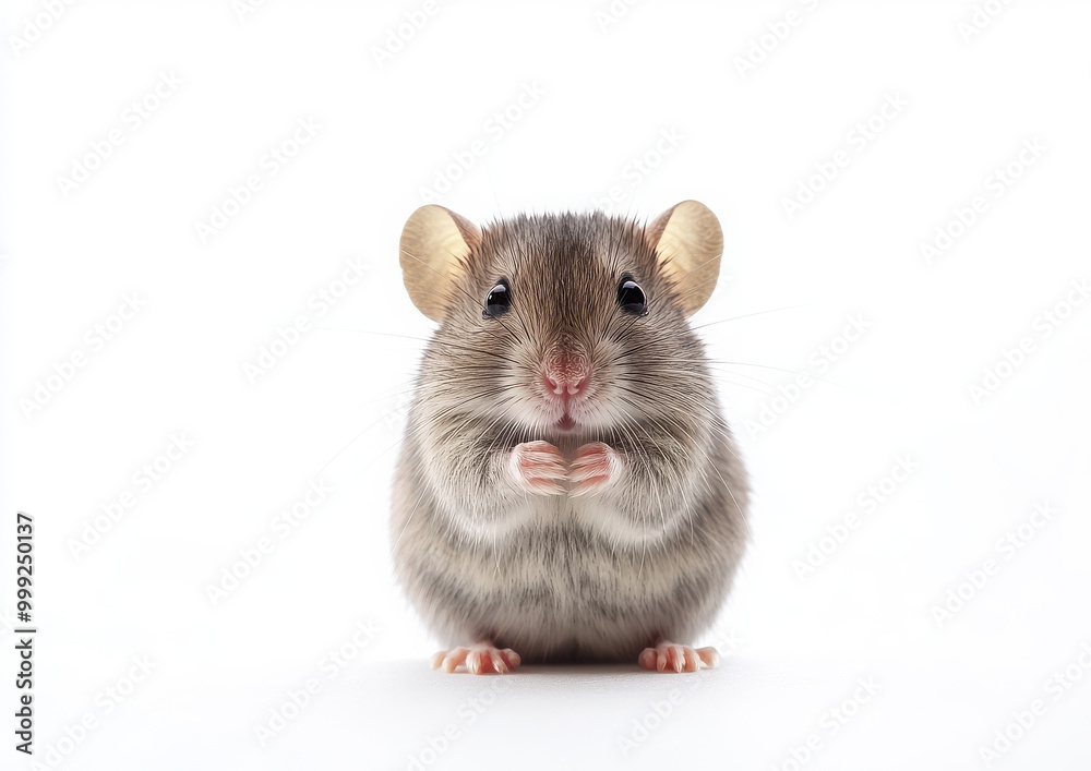 Adorable brown mouse sitting with paws together on a white background. Adorable brown mouse sitting with paws together on a white background.