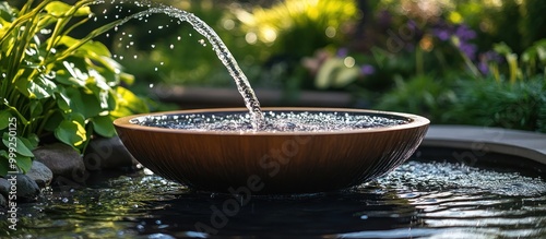 A close-up view of a modern water fountain with a smooth, wooden bowl, water cascading down into a pond in a green garden.