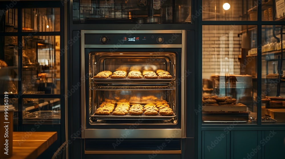 A vibrant image showcasing an industrial cookie oven in a commercial bakery setting with multiple trays of freshly baked cookies visible through the glass door filling the space with a warm A vibrant image showcasing an industrial cookie oven in a commercial bakery setting with multiple trays of freshly baked cookies visible through the glass door filling the space with a warm