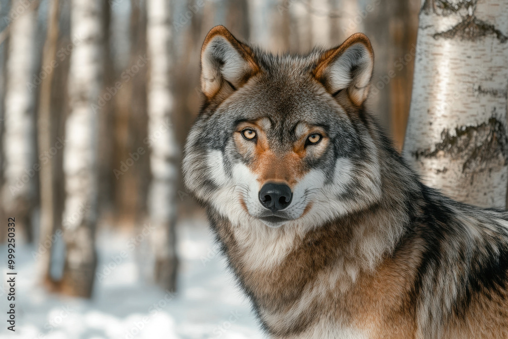 A majestic grey wolf stands alert in a snow-covered birch forest, showcasing its striking fur and piercing eyes. A majestic grey wolf stands alert in a snow-covered birch forest, showcasing its striking fur and piercing eyes.