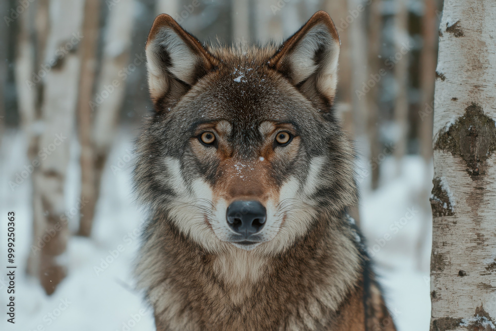 Close-up of a wolf in a snowy forest with a focused gaze. Close-up of a wolf in a snowy forest with a focused gaze.
