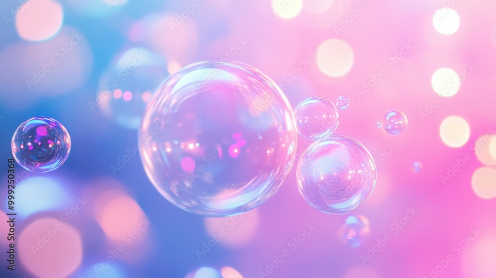 Sparkling soap bubbles floating in pastel colors, creating a dreamy abstract effect on a glowing pink and blue backdrop Sparkling soap bubbles floating in pastel colors, creating a dreamy abstract effect on a glowing pink and blue backdrop