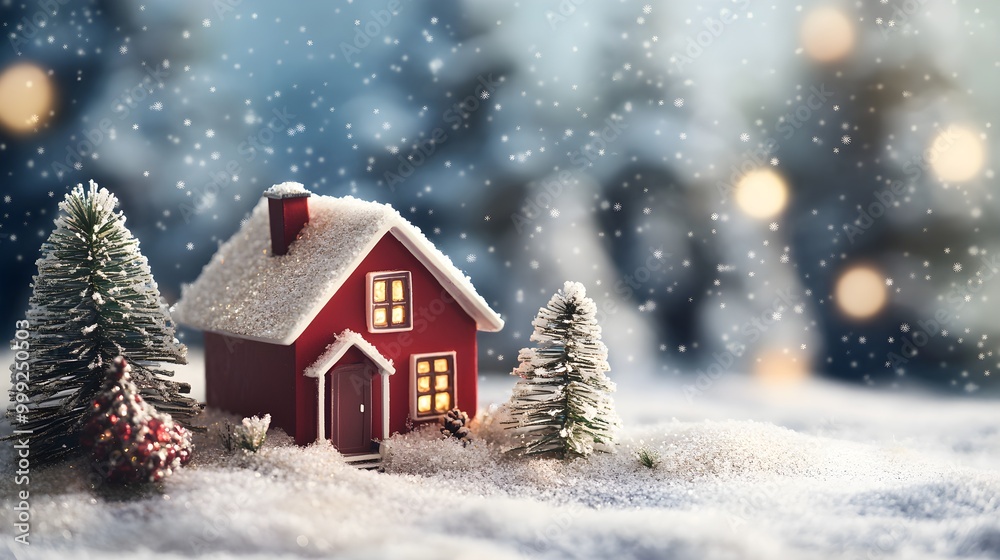Christmas house in winter snowy forest. holiday christmas ornament decoration, Copy space. banner and poster Christmas house in winter snowy forest. holiday christmas ornament decoration, Copy space. banner and poster