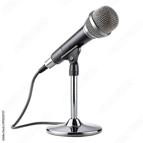 A sleek microphone with a chrome stand awaits use positioned for music recording or live presentations in a studio environment
