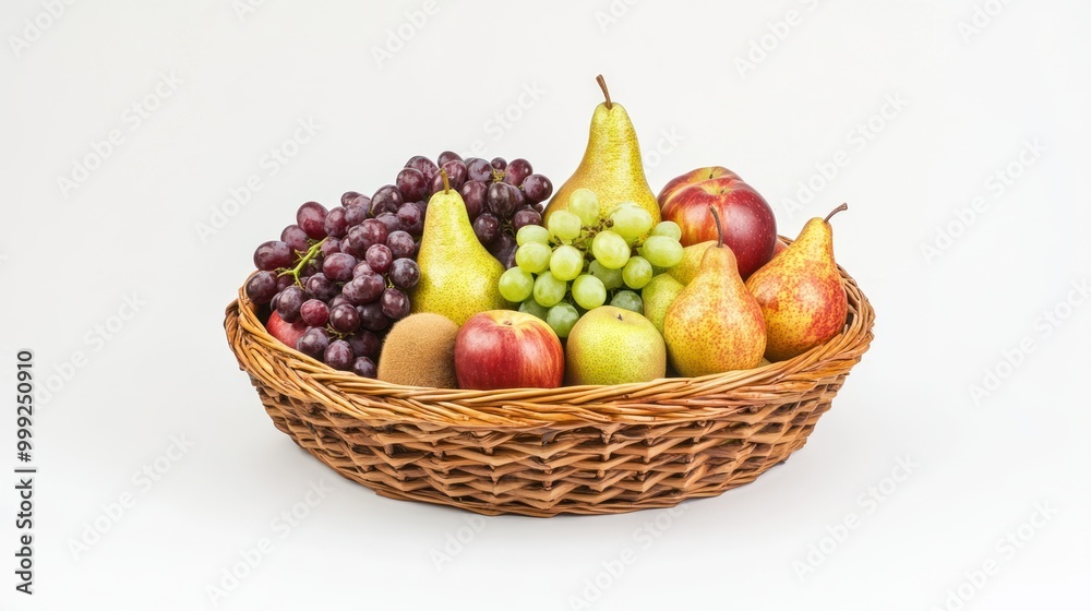A classic fruit basket filled with apples, grapes, and pears, wrapped neatly and presented against a clean white background. A classic fruit basket filled with apples, grapes, and pears, wrapped neatly and presented against a clean white background.