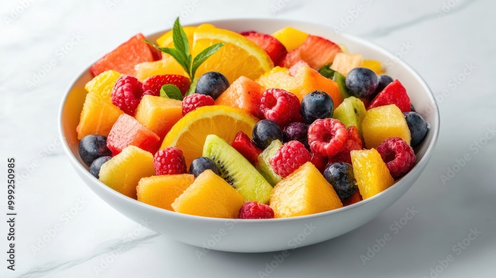 A colorful fruit salad mixed with berries, melons, and citrus fruits, served in a bowl, showcasing a balanced and refreshing assortment. A colorful fruit salad mixed with berries, melons, and citrus fruits, served in a bowl, showcasing a balanced and refreshing assortment.