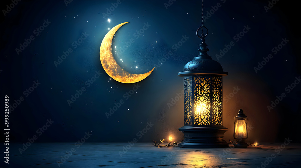 Crescent Moon and Lantern with Stars in a Night Sky Crescent Moon and Lantern with Stars in a Night Sky
