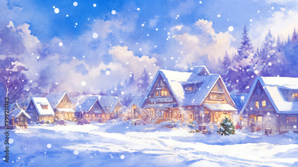 Fototapeta premium 雪降る夜の光り輝くコテージ - 冬の温もりと楽しい祝祭