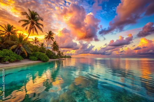 Tropical Paradises unfold on a serene canvas, where turquoise waters lap gently against shimmering shores, under a radiant sky ablaze with warm golden hues, soft pinks, and majestic blues.