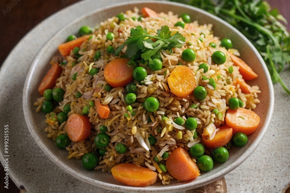 a plate of fried rice with carrots and peas a plate of fried rice with carrots and peas