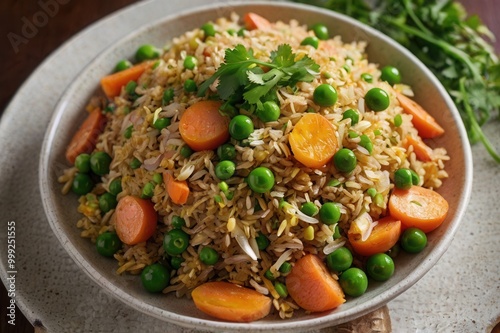 a plate of fried rice with carrots and peas