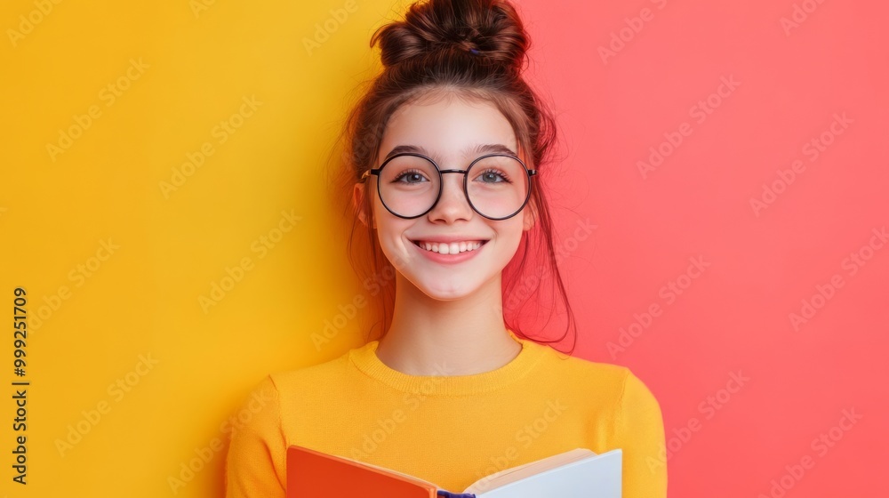 Cheerful Young Woman with Glasses Smiling and Reading a Book Cheerful Young Woman with Glasses Smiling and Reading a Book