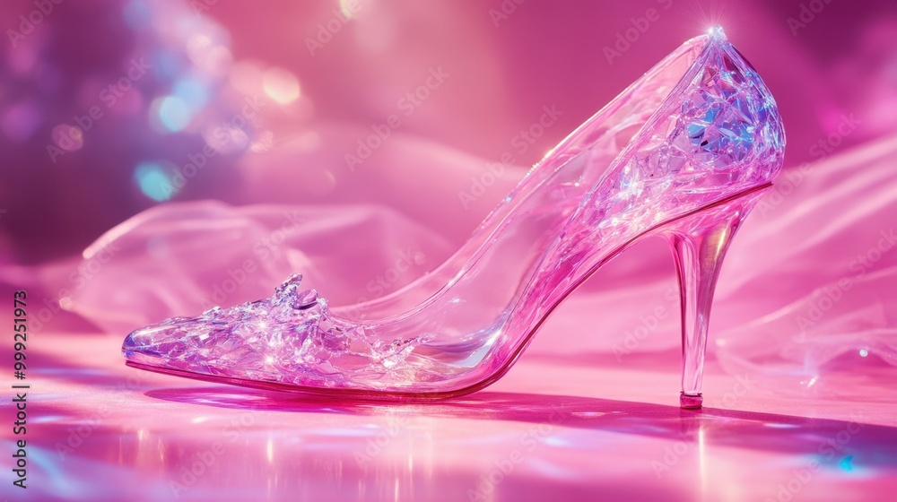Stunning high-heel glass slipper on a pink studio floor, glowing with magical light, capturing the essence of a modern fairy tale Stunning high-heel glass slipper on a pink studio floor, glowing with magical light, capturing the essence of a modern fairy tale