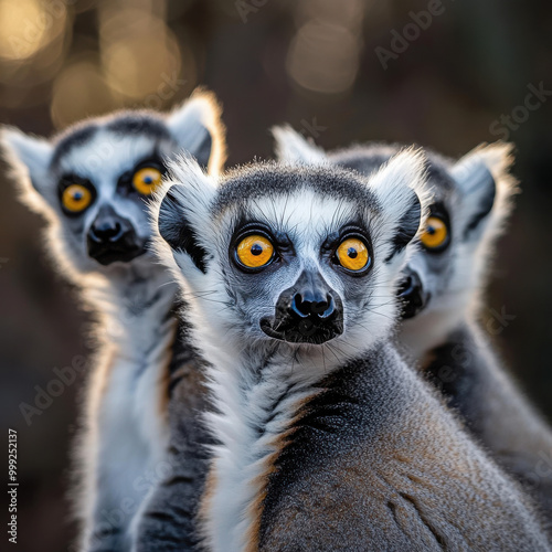 Close-up of three ring-tailed lemurs with vivid yellow eyes, looking curiously towards the camera.