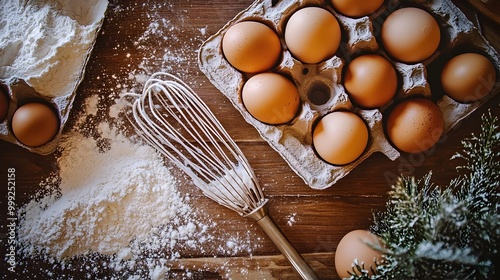 Cracked eggs revealing their contents surrounded by baking essentials like flour and a whisk creating a cozy kitchen scene for a culinary or cooking concept photo