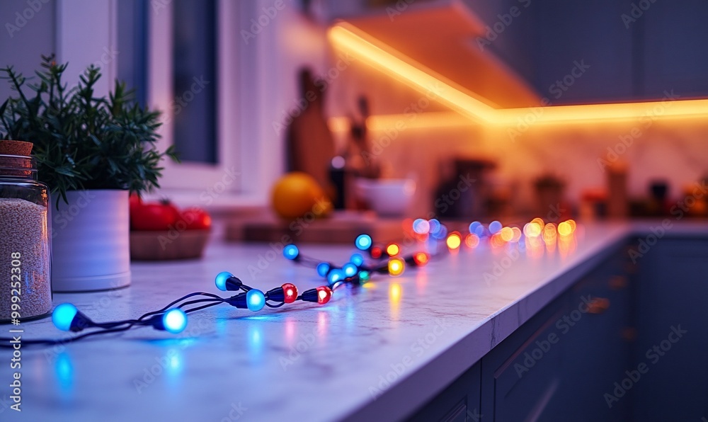 Colorful string lights illuminate a modern kitchen countertop with a plant, jars, and fruit in the foreground. Colorful string lights illuminate a modern kitchen countertop with a plant, jars, and fruit in the foreground.