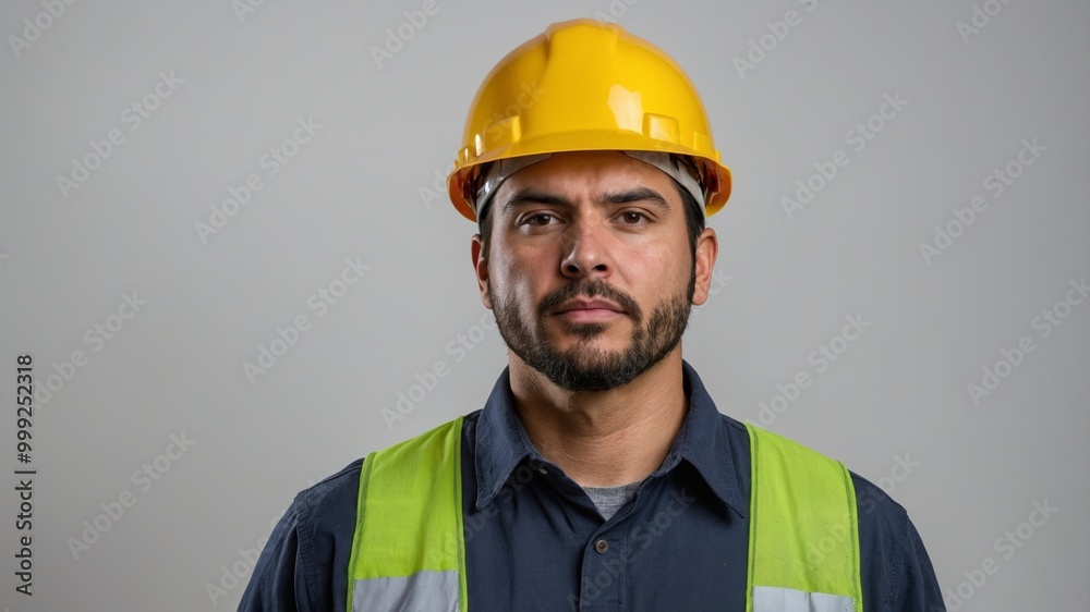 A worker man wearing a yellow hard hat isolated A worker man wearing a yellow hard hat isolated