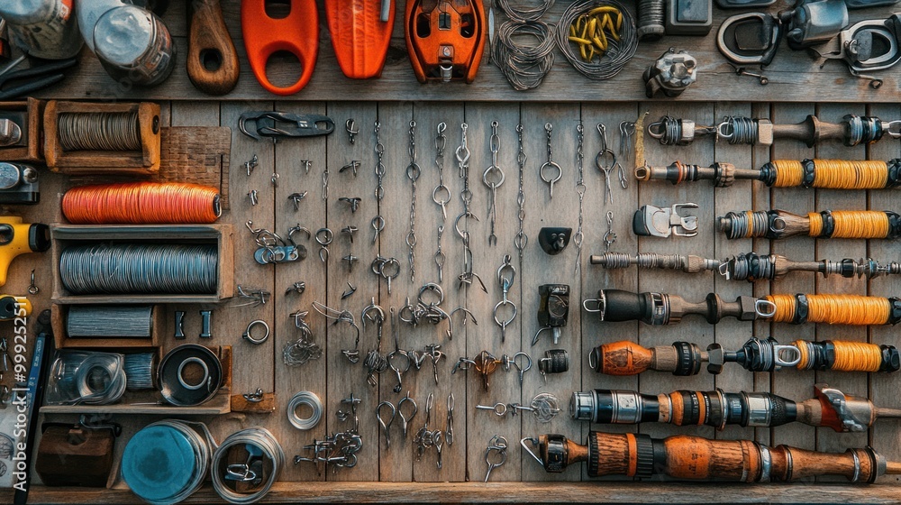 A variety of fishing tackle including hooks, swivels, and sinkers, neatly arranged to demonstrate their essential role in angling. A variety of fishing tackle including hooks, swivels, and sinkers, neatly arranged to demonstrate their essential role in angling.