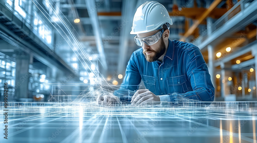 Engineer Working on Digital Design in Factory Engineer Working on Digital Design in Factory