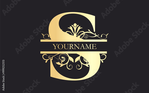 Initial  S floral Split Letter Monogram,luxury Wedding invitation Monogram Design,gold color on black background