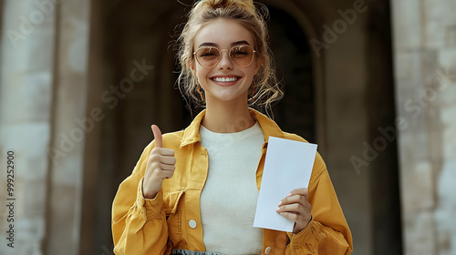 Smiling Woman Gives Thumbs Up Holding a Blank Sign photo