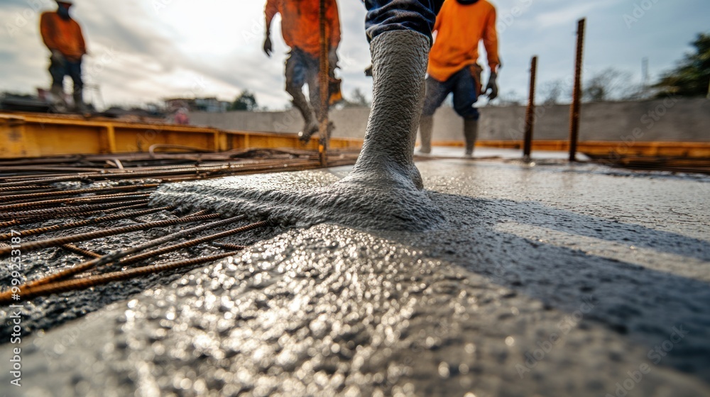 Concrete construction process, with workers smoothing freshly poured concrete, molds in place, and rebar exposed, highlighting foundational elements of building work. Concrete construction process, with workers smoothing freshly poured concrete, molds in place, and rebar exposed, highlighting foundational elements of building work.