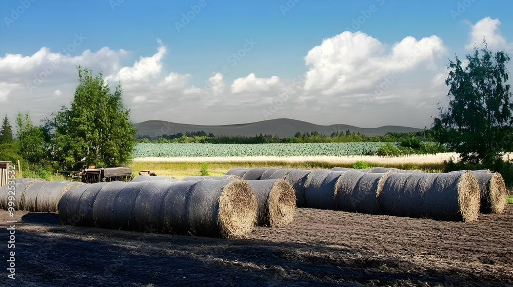 Hay Bales Wrapped in Plastic in a Field Hay Bales Wrapped in Plastic in a Field