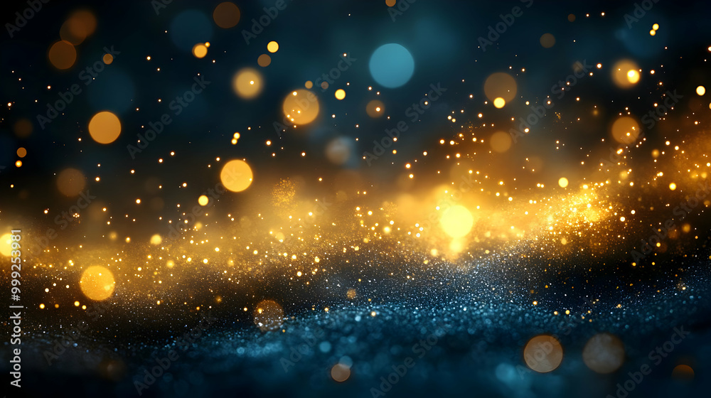Obraz premium Golden Glitter Sparkles on a Dark Background, Abstract Bokeh Lights