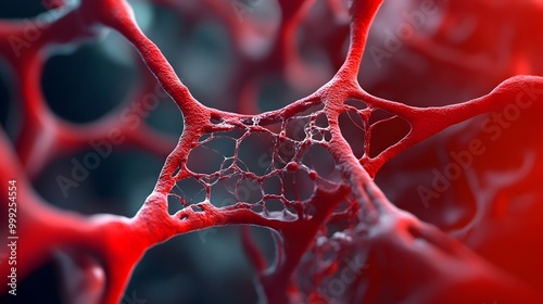Intricate 3D rendering showcasing the fine web like structure of microscopic capillaries interwoven within muscle tissue