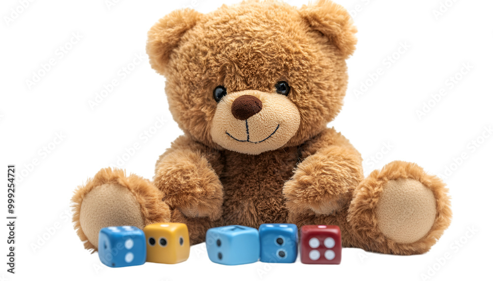 Obraz premium A teddy bear surrounded by colorful dice pieces, set against a sleek black background. 