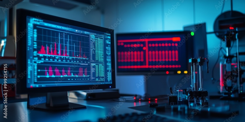 digital data streaming from sensors during an experiment, with graphs and numerical readings displayed on a monitor.