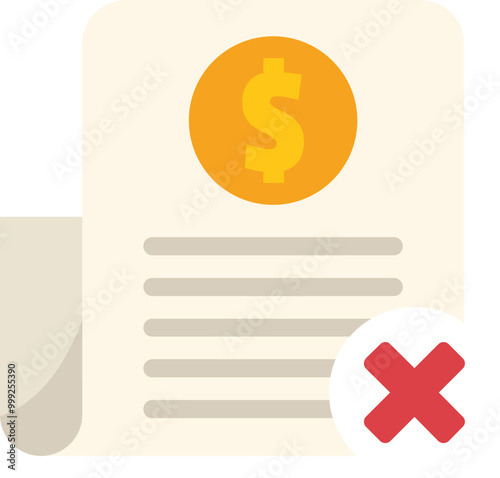 Stylized vector illustration of a document with a dollar sign being denied by a red cross mark