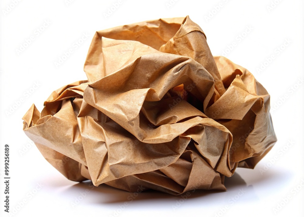 A crumpled and empty brown paper bag lies on a white background, its twisted shape and creased folds telling a story of past consumerism and waste. A crumpled and empty brown paper bag lies on a white background, its twisted shape and creased folds telling a story of past consumerism and waste.
