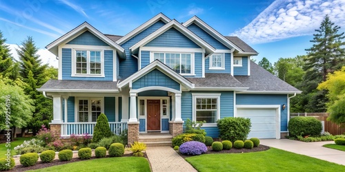 A beautifully renovated modern suburban home with fresh coat of pastel blue exterior paint, accented with white trim and surrounded by lush greenery. photo