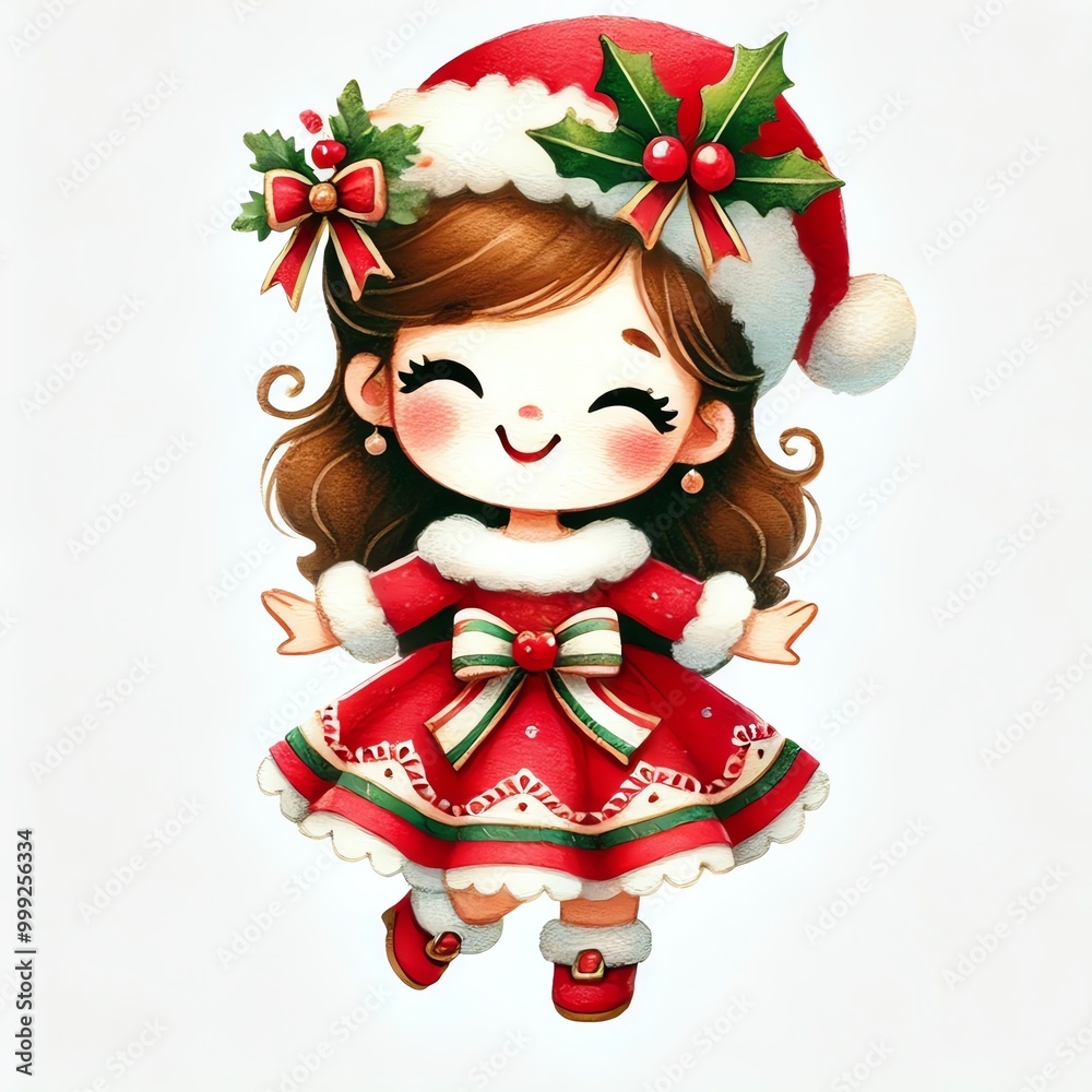 Charming holiday girl in a festive red dress and Santa hat, spreading joy and cheer, perfect for Christmas-themed designs. Charming holiday girl in a festive red dress and Santa hat, spreading joy and cheer, perfect for Christmas-themed designs.