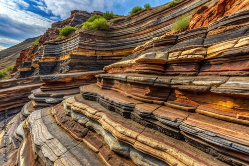 A geological formation of layered shale rock, with cracked and weathered surfaces, revealing the Earth's ancient history in stratified patterns of dark brown and gray hues. photo