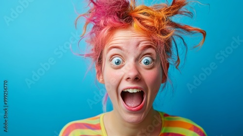 Colorfully Expressive and Surprisingly Delighted Woman with Vibrant Hairstyle