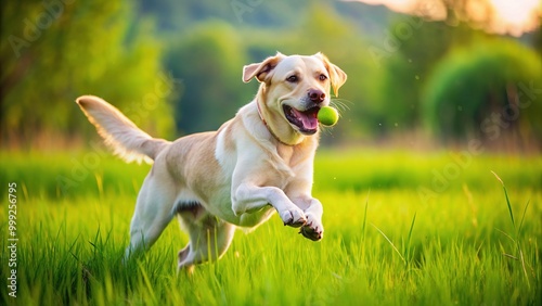 A joyful Labrador Retriever dog runs freely in a lush green meadow, catching a ball in mid-air with its mouth, exuding happiness and energy.