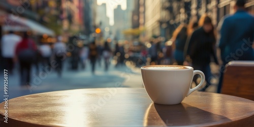 a coffee cup on a cafe table, with busy downtown streets and pedestrians passing by photo