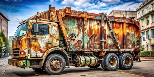 A large, graffiti-covered garbage truck's side panel reflects the urban environment, with rust and scratches revealing a worn, industrial aesthetic. photo