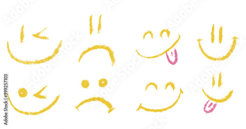 Doodle chalk smile emoji face icon set. Textured kids hand drawn sketch different emotion emoticons. Mood, happy, sad, smiley face with tongue. Pencil crayon drawing comic isolated vector illustration