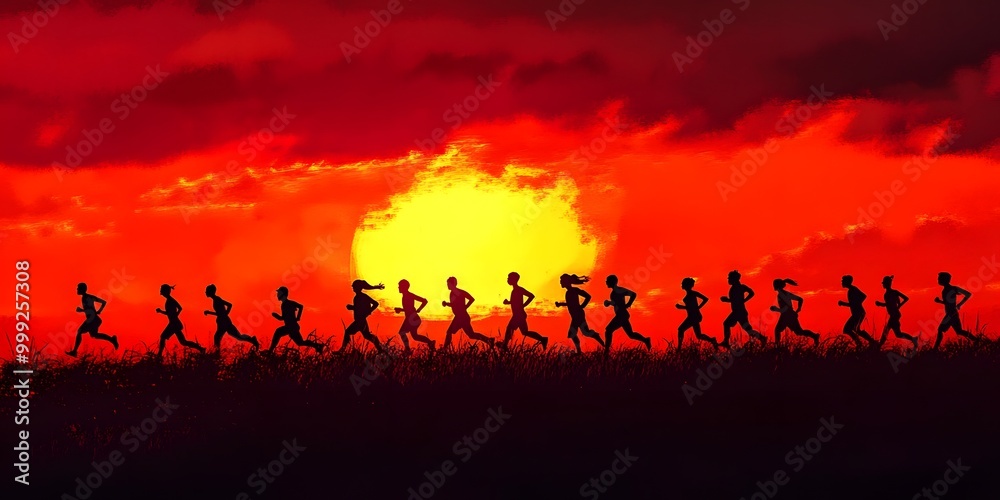 Fototapeta premium A vibrant sunset silhouette depicts a group of runners in motion, showcasing energy and determination against a fiery sky.