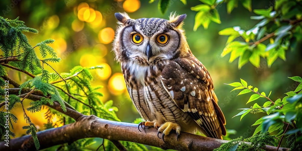 A majestic owl with piercing yellow eyes perches on a weathered branch, surrounded by lush green foliage, evoking a sense of wisdom and mystery. A majestic owl with piercing yellow eyes perches on a weathered branch, surrounded by lush green foliage, evoking a sense of wisdom and mystery.