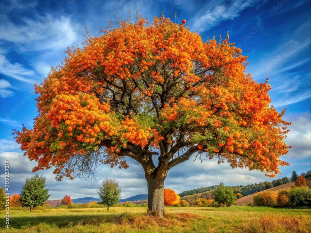 Naklejka premium A majestic tree stands tall in an autumnal landscape, its branches laden with vibrant orange leaves and ripe fruit, waiting to be harvested.