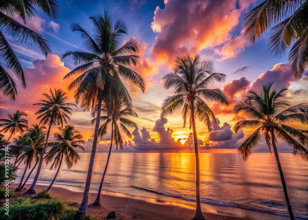 Sunrise symphony on the tropical coast where soft pinks and oranges of the rising sun merge with the tranquil sea and sky creating a peaceful atmosphere amidst the majestic palm trees. Sunrise symphony on the tropical coast where soft pinks and oranges of the rising sun merge with the tranquil sea and sky creating a peaceful atmosphere amidst the majestic palm trees.