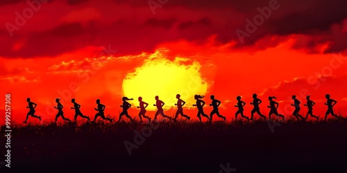 A vibrant sunset silhouette depicts a group of runners in motion, showcasing energy and determination against a fiery sky.