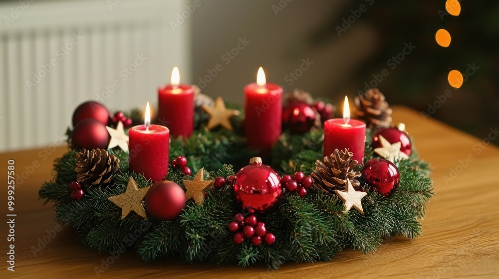 Decorative Advent wreath on a table, featuring seasonal decorations and candles. Decorative Advent wreath on a table, featuring seasonal decorations and candles.
