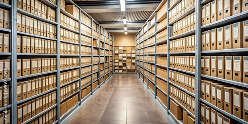 A modern archives room filled with neatly organized rows of folders and shelves containing historical documents and official papers for public access and research.