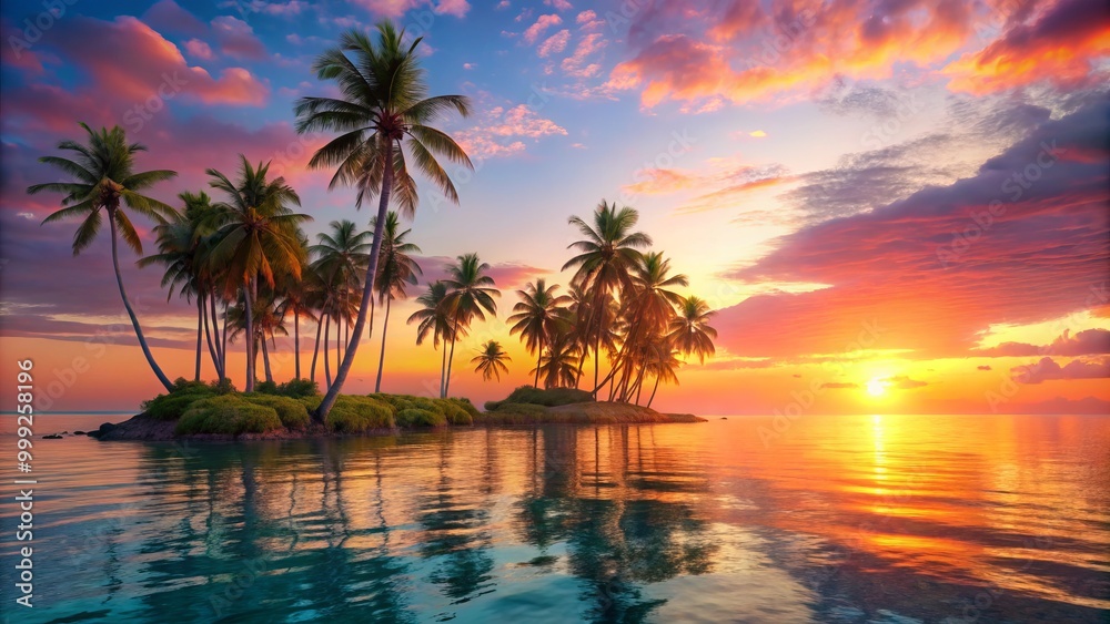 Obraz premium Tranquil Tropical Island Sunrise unfolds with soft pink hues bleeding into warm oranges and yellows, as palm trees sway gently against a calm turquoise sea.