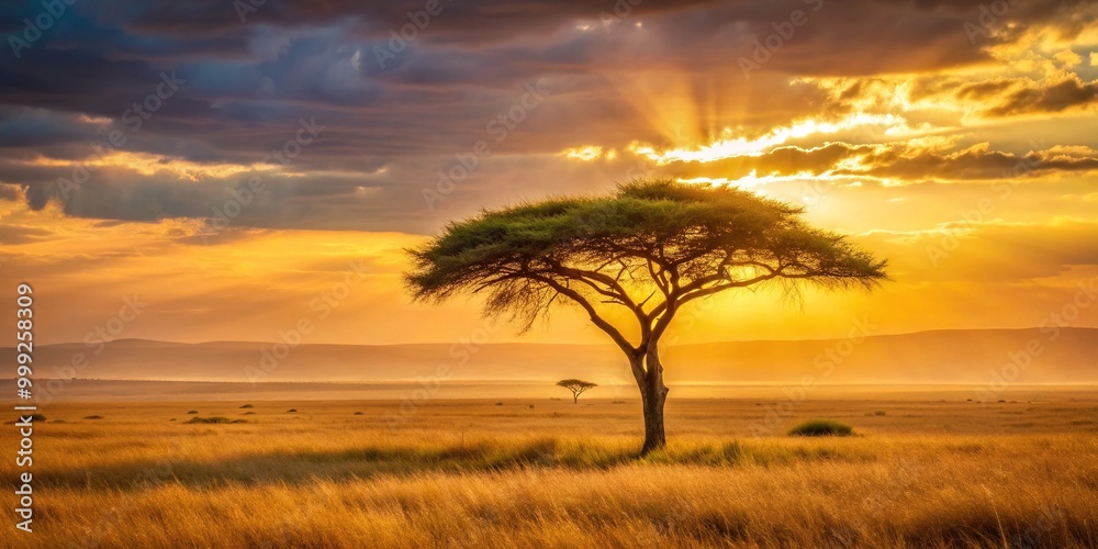 Fototapeta premium A peaceful African landscape with a lone acacia tree, warm golden light, and a tranquil atmosphere, evoking feelings of relaxation and harmony.
